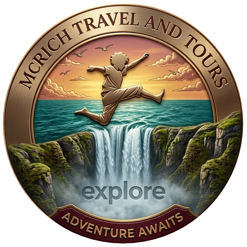 McRich Travel and Tours medallion: a boy leaping over a waterfall at sunset